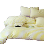 Striped cotton percale bedding set with contrasting decorative piping