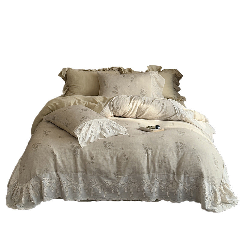 Light cotton-linen duvet cover set with lace ruffle and fine flower embroidery Bowlift