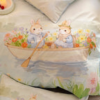 Romantic satin bedding set with floral watercolor illustration and moon bunny application Bowlift