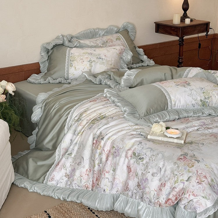 Luxury bed set with pleated ruffle, lace trim and floral watercolor print