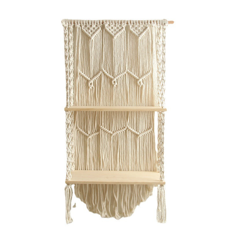 Decorative Wall-Mounted Macrame Shelf with Natural Wooden Accents Bowlift