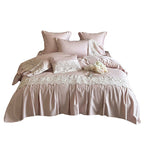 Bedding set with gathered ruffle and fine lace border