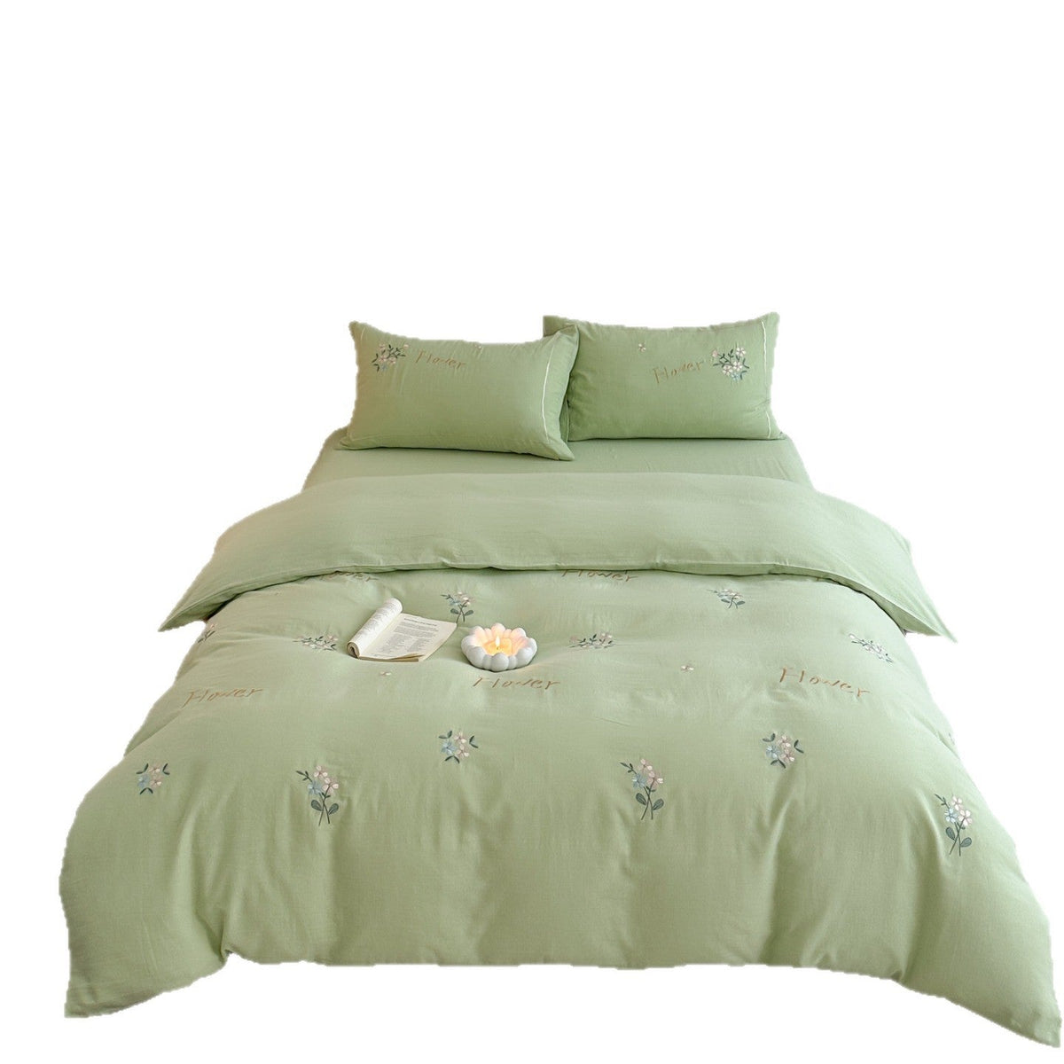 Delicate embroidered cotton bedding set with gentle botanical embroidery and bow ties Bowlift
