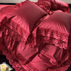 Extravagant satin bedding set with lace appliqué and pillowcases
