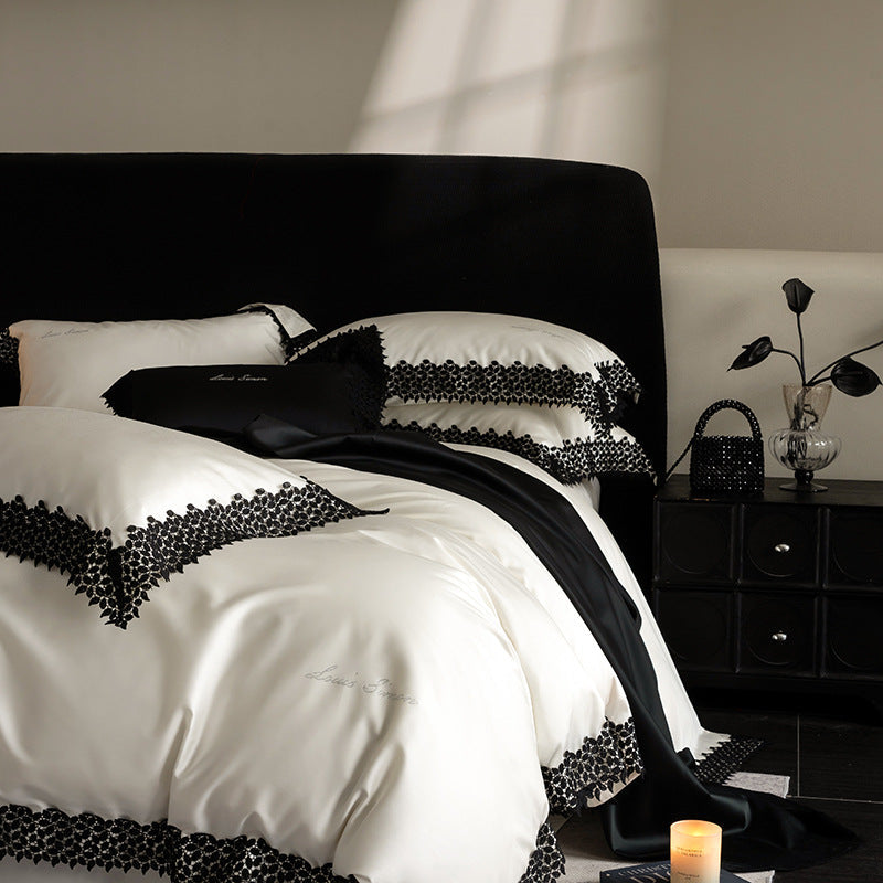 Luxurious satin bedding set with fine lace trim