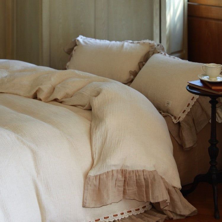 Luxurious cotton-linen bedding set with ruffle and crochet lace trim