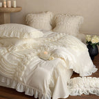 Luxurious Ruffle Bedding Set with Rose Appliqués and Volants