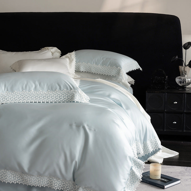 Luxurious satin bedding set with fine lace trim