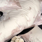 Luxurious satin bedding set with delicate rose and butterfly embroideries