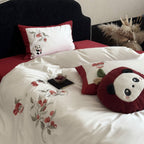 Embroidered cotton satin bed linen set with floral apple and panda appliqué Bowlift