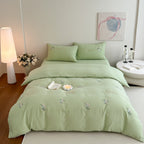 Delicate embroidered cotton bedding set with gentle botanical embroidery and bow ties Bowlift