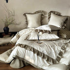 Ruffled bedding set made of cotton satin with rose embroidery and contrast piping