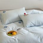 Reversible cotton satin bedding set with fine stripe pattern and cute cat embroidery