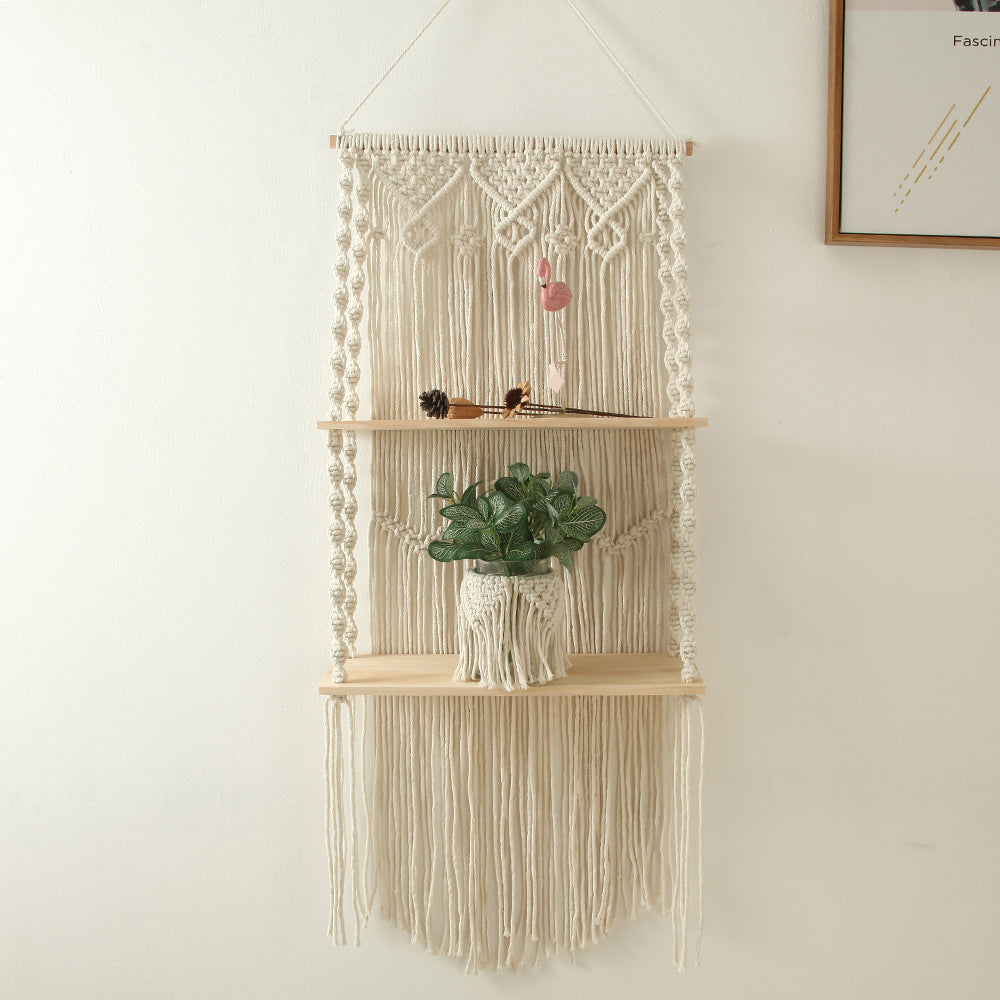 Macrame Wall Shelf with Natural Wooden Shelves Bowlift