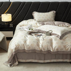 Luxurious satin bedding set with geometric jacquard pattern and satin trim Bowlift