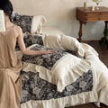 Country House bedding set made of cotton-linen with jacquard flower panel, frill and lace border
