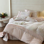 Extra soft satin duvet cover set with voluminous ruffle, subtle watercolor leaf print and concealed closure