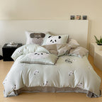 Reversible cotton satin bedding set with minimalist panda faces
