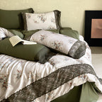 Satin bed linen set with floral print and delicate lace trim