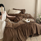 Bedding set with embroidered leaf pattern, ruffled bed skirt and ruffled pillow