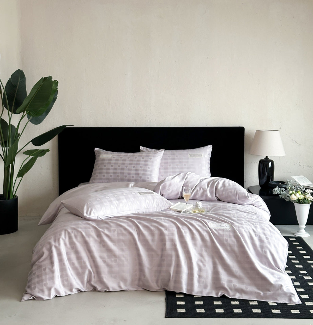 Luxurious cotton satin bed linen set with subtle check pattern and silk matte finish Bowlift