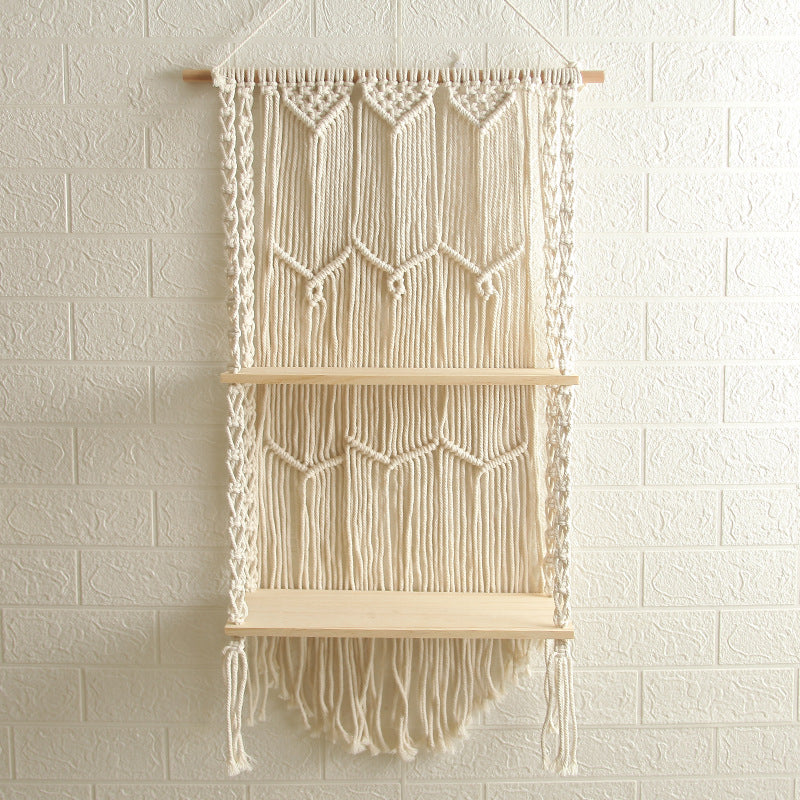 Decorative Wall-Mounted Macrame Shelf with Natural Wooden Accents Bowlift
