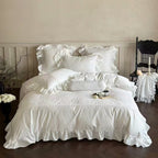 Luxurious satin bedding set with ruffles, lace trim, and fine embroidery