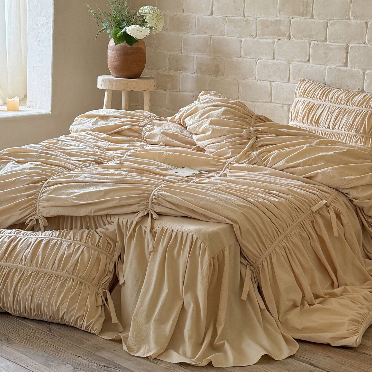 Luxurious gathered bedding set with ruffle, frills, and ties