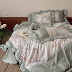 Luxury bed set with pleated ruffle, lace trim and floral watercolor print