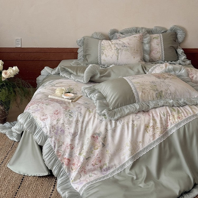 Luxury bed set with pleated ruffle, lace trim and floral watercolor print