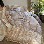 Luxurious bedding set made of cotton satin with floral watercolor print, gathered satin border, and frill pillow