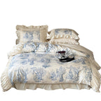 Luxurious bedding set made of cotton blend with toile landscape print, frill, and ruffles