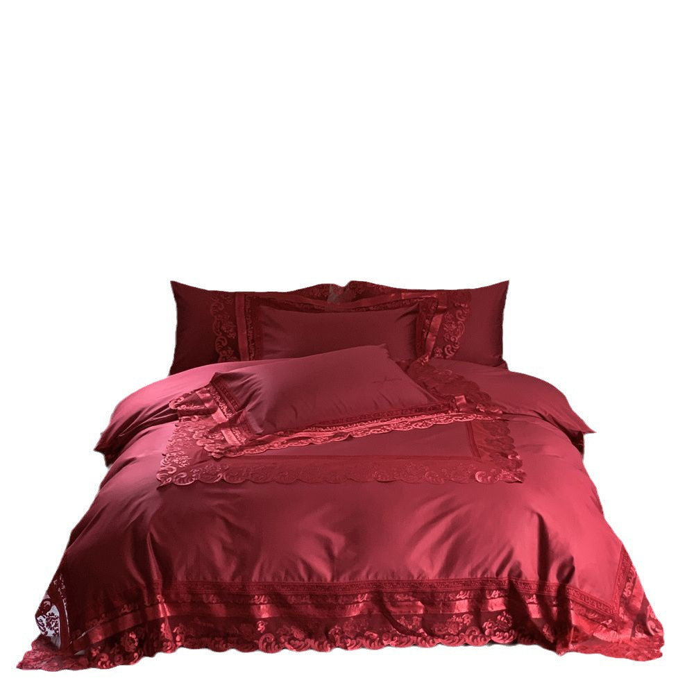 Extravagant satin bedding set with lace appliqué and pillowcases
