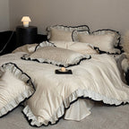 Romantic duvet cover set with ruffle border and fine jacquard embroidery