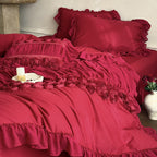 Luxurious Ruffle Bedding Set with Rose Appliqués and Volants