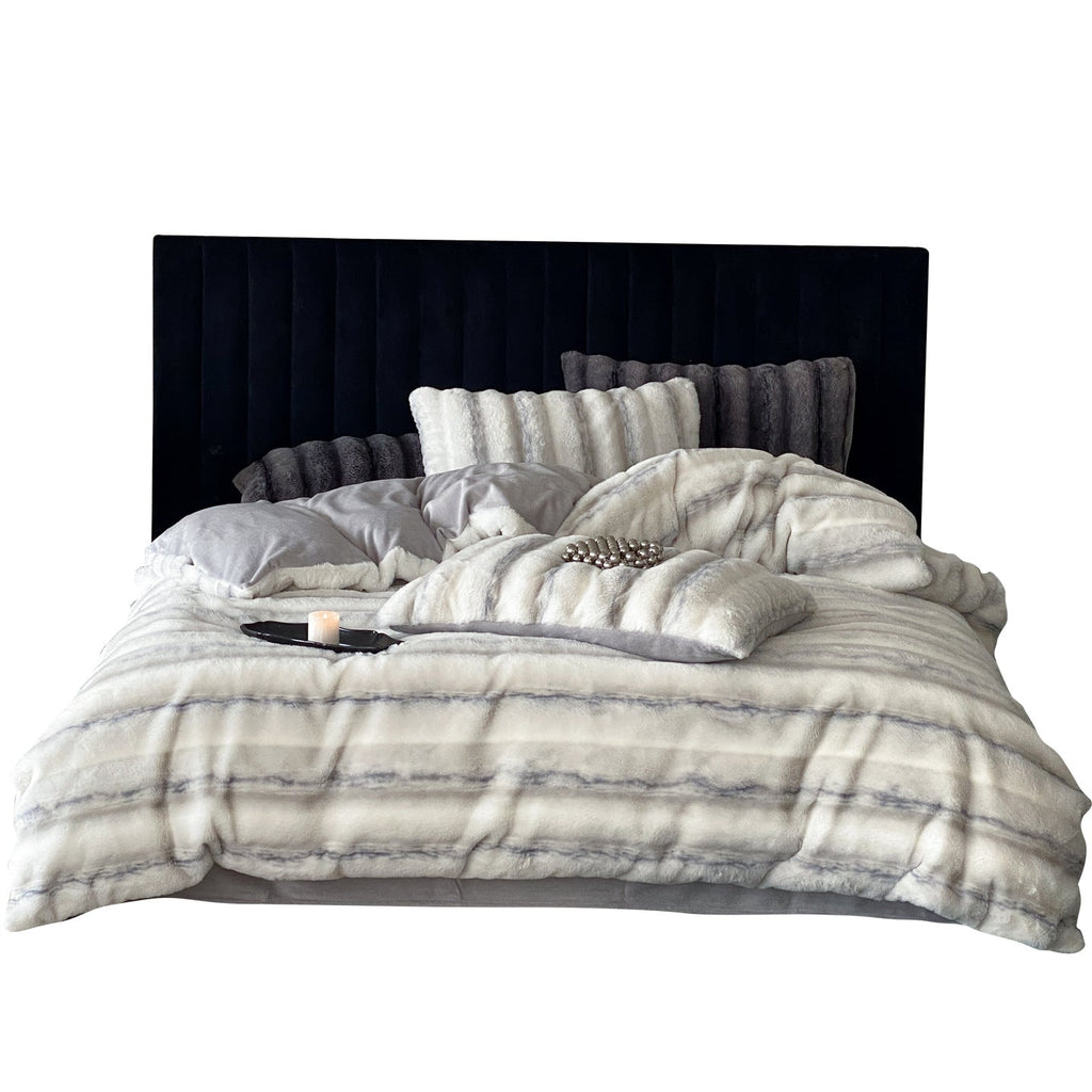 Luxury faux fur throw and cushion set with striped texture