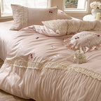 Luxurious satin bedding set with gathered ruffle, cherry embroidery and decorative pillow
