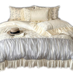 Luxury bedding set with gathered satin decor, floral jacquard duvet & ruffle cushion
