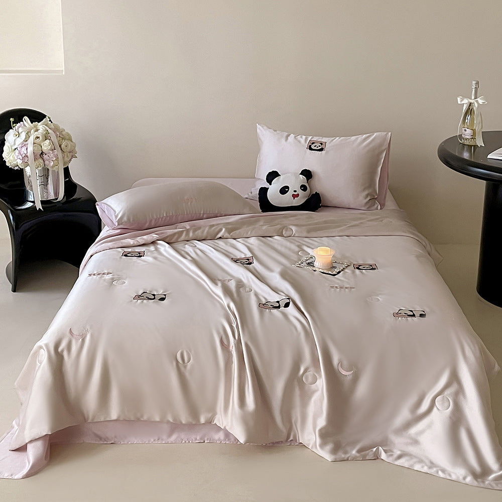 Silky shiny satin bedding set with cute panda embroidery