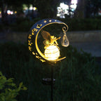 Crescent Moon Solar Garden Stake Light With Rotating Crackle Glass Orb And Butterfly Accent Bowlift
