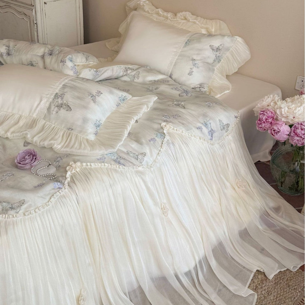 Romantic cotton bedding set with chiffon ruffle, embroidered butterflies and bed skirt Bowlift