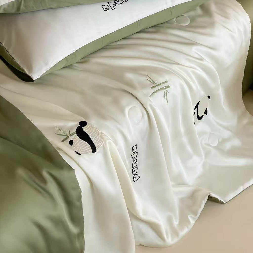 Silky shiny satin bedding set with cute panda embroidery