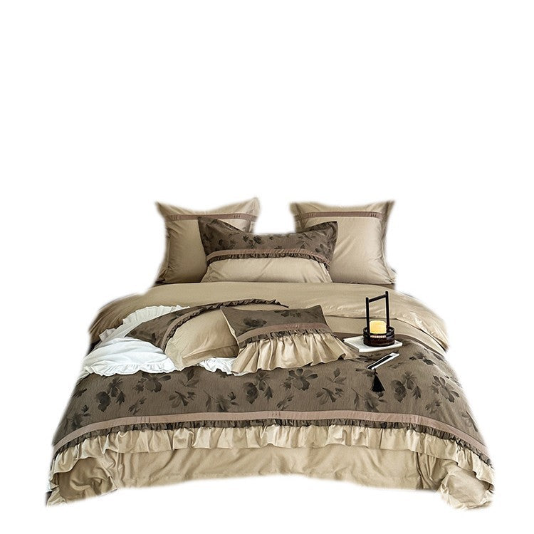 Romantic cotton satin bedding set with ruffle and floral jacquard structure