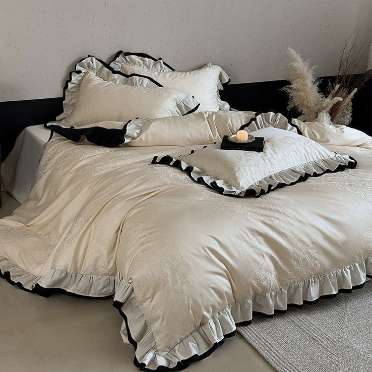 Romantic duvet cover set with ruffle border and fine jacquard embroidery