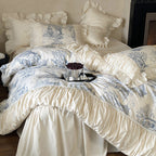 Luxurious bedding set made of cotton blend with toile landscape print, frill, and ruffles