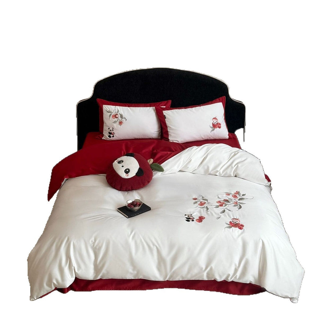 Embroidered cotton satin bed linen set with floral apple and panda appliqué Bowlift