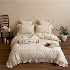 Bedding set with delicate cherry embroidery, ruffle and linen look