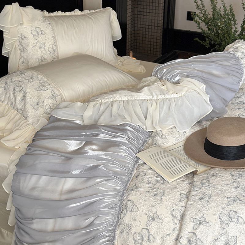Luxury bedding set with gathered satin decor, floral jacquard duvet & ruffle cushion