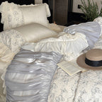Luxury bedding set with gathered satin decor, floral jacquard duvet & ruffle cushion