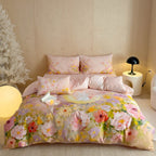 Romantic satin bedding set with floral watercolor illustration and moon bunny application Bowlift